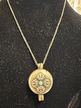 Vintage Filigree Prayer box Pendant Necklace with Turquoise Accent